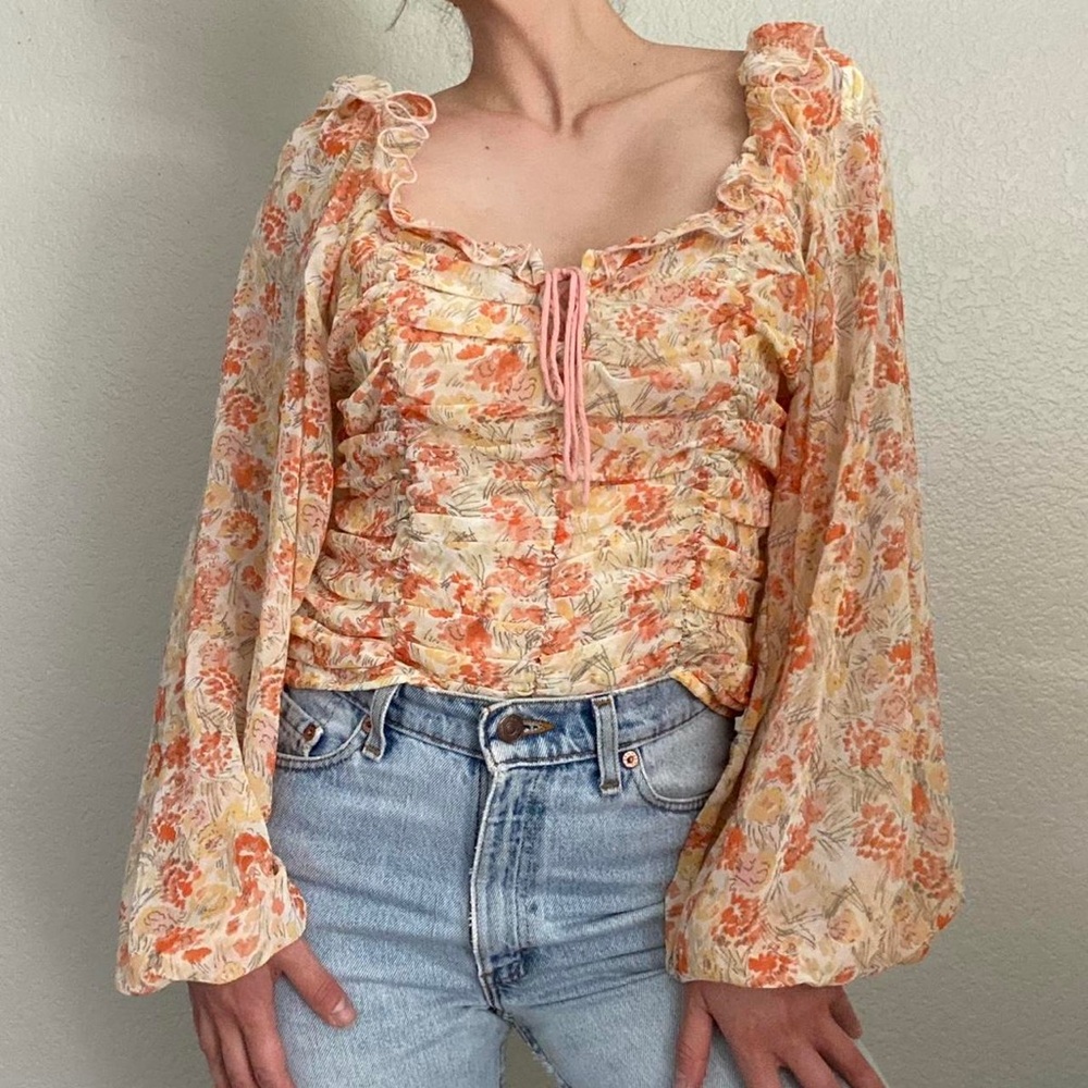 Free People Mabel Floral Spring Printed Peasant Blouse Womens Medium